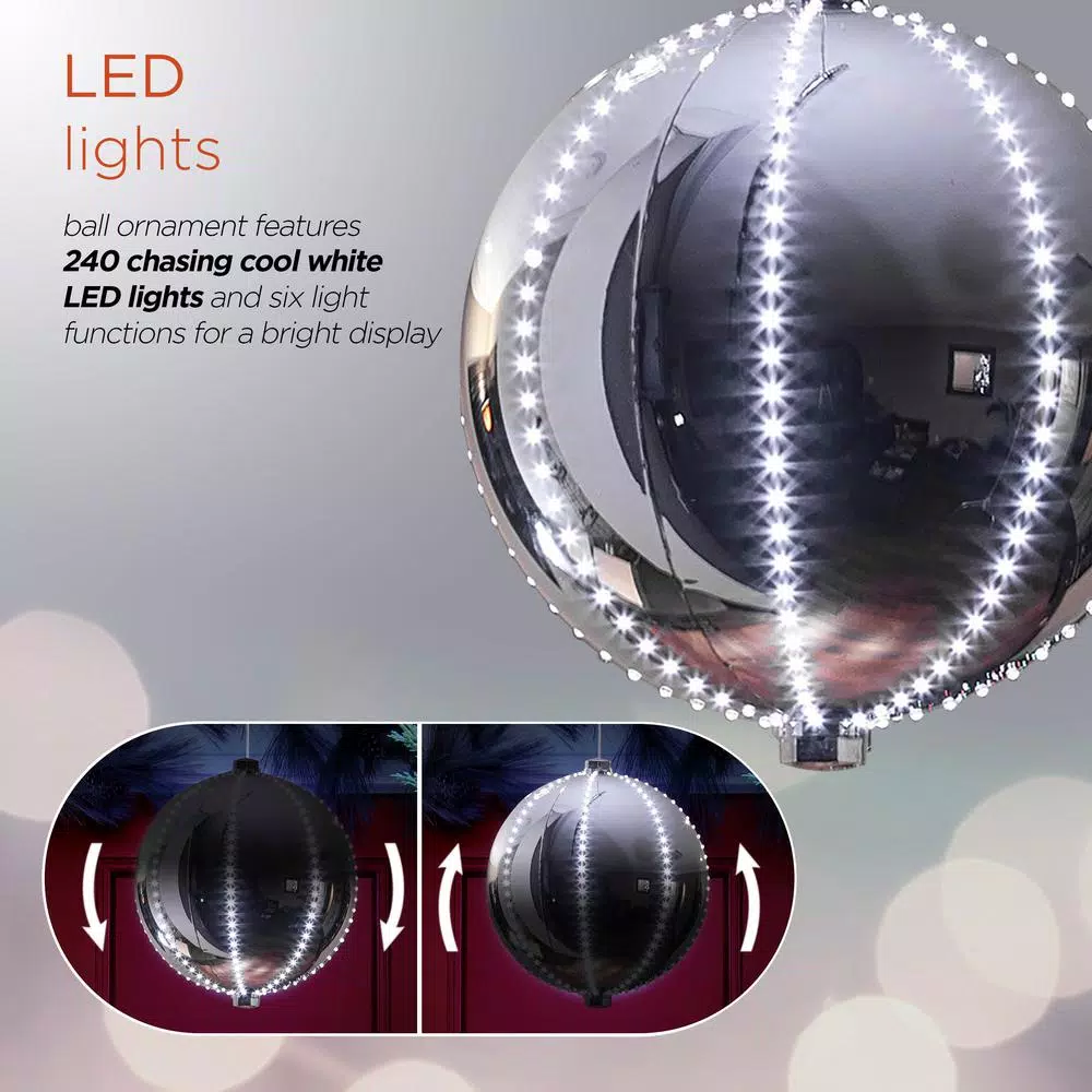 Christmas Tree Decorations Alpine Corporation 13 In. Tall Large Hanging Christmas Ball Ornament With LED Lights, Silver 7 Christmas Tree Decorations Alpine Corporation 13 In. Tall Large Hanging Christmas Ball Ornament With LED Lights, Silver - Image 5