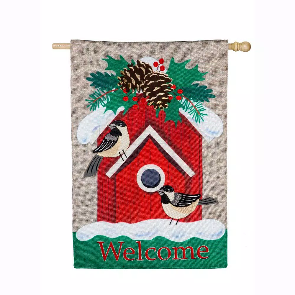 Outdoor Christmas Decorations Evergreen 28 In. X 44 In. Holiday Chickadee Birdhouse House Burlap Flag 3 Outdoor Christmas Decorations Evergreen 28 In. X 44 In. Holiday Chickadee Birdhouse House Burlap Flag