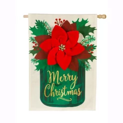 Outdoor Christmas Decorations Evergreen 28 In. X 44 In. Poinsettia Mason Jar House Linen Flag