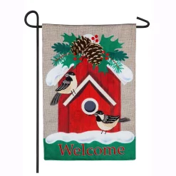 Outdoor Christmas Decorations Evergreen 18 In. X 12.5 In. Holiday Chickadee Birdhouse Garden Burlap Flag
