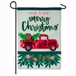 Outdoor Christmas Decorations Evergreen 18 In. X 12.5 In. Holiday Red Truck Garden Linen Flag