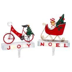 Indoor Christmas Decorations Gerson S/2 Lighted Metal Bicycle And Sled Stocking Holders