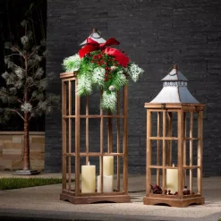 Indoor Christmas Decorations Glitzhome Brown Christmas Farmhouse Wood/Metal Lanterns (Set Of 2)