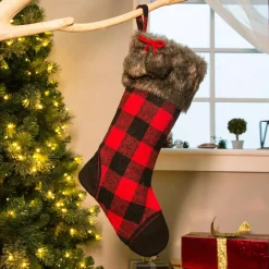 Indoor Christmas Decorations Glitzhome 21 In. H Black/Red Polyester Fur Buffalo Plaid Christmas Stocking -Christmas Lights Sales glitzhome christmas stockings 1113202573 31 1000
