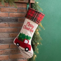 Indoor Christmas Decorations Glitzhome 21 In. L Embroidered Linen Christmas Stocking – Red Truck -Christmas Lights Sales glitzhome christmas stockings 1113203054 d4 1000
