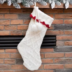 Indoor Christmas Decorations Glitzhome 22 In. L Knitted Polyester White Christmas Stocking With Red Trim And Pompom -Christmas Lights Sales glitzhome christmas stockings 1113203193 31 1000