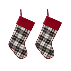 Indoor Christmas Decorations Glitzhome 20 In. Black And White Cotton/Spandex Plaid Fabric Cotton Christmas Stocking Decoration (2-Pack)