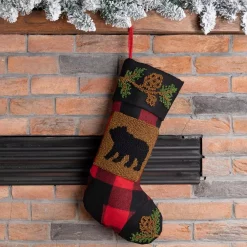 Indoor Christmas Decorations Glitzhome 19 In. Polyester/Acrylic Plaid Christmas Stocking With Rug Hooked Bear -Christmas Lights Sales glitzhome christmas stockings jk13225pfb 31 1000
