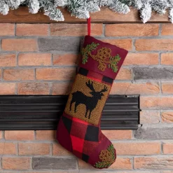 Indoor Christmas Decorations Glitzhome 19 In. Polyester/Acrylic Plaid Christmas Stocking With Rug Hooked Reindeer -Christmas Lights Sales glitzhome christmas stockings jk13225pfr 31 1000