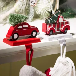 Indoor Christmas Decorations Glitzhome Wooden/Metal Red Car And Truck Stocking Holder (Set Of 2 ) -Christmas Lights Sales glitzhome stocking holders 2005000001 31 1000