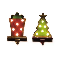 Indoor Christmas Decorations Glitzhome 4.92 In. L X 3.54 In. W X 7.48 In. H Marquee LED Tree And Gift Box Stocking Holder Set Of 2