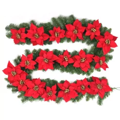 Christmas Greenery Home Accents Holiday 9 Ft. Berry Bliss Battery Operated Pre-Lit LED Artificial Christmas Garland With Poinsettia