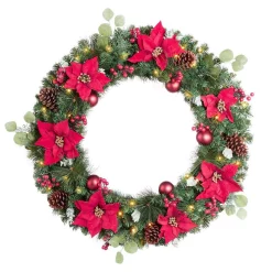 Christmas Greenery Home Accents Holiday 36 In Berry Bliss Battery Operated Mixed Pine LED Pre-Lit Artificial Wreath With Timer