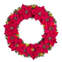 Christmas Greenery Home Accents Holiday 30 In. Berry Bliss Battery Operated Pre-Lit LED Artificial Christmas Wreath With Poinsettia