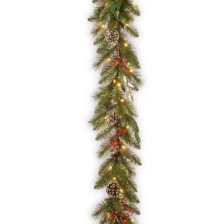 Christmas Greenery National Tree Company 9 Ft. X 12 In. Frosted Pine Berry Collection Garlands With Cones, Red Berries, Silver Glittered Eucalyptus Leaves