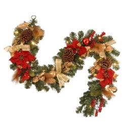 Christmas Greenery National Tree Company 6 Ft. Decorative Garland With Ornaments, Berries, Cones Red Ribbon, Poinsettias And 20 LED Lights