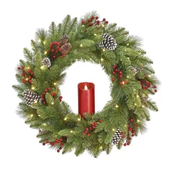 Christmas Greenery National Tree Company 24 In. Feel Real Bristle Berry Wreath With 50 Battery Operated LED Lights, Red Electronic Candle Red Berries