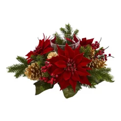 Indoor Christmas Decorations Nearly Natural Poinsettia, Berry And Golden Pine Cone Candelabrum Artificial Arrangement