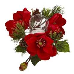 Indoor Christmas Decorations Nearly Natural 7 In. Red Magnolia And Pine Candelabrum -Christmas Lights Sales nearly natural christmas candles holders 4894 4f 1000