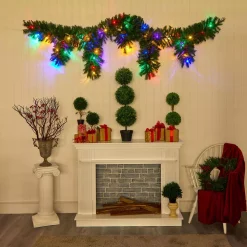 Christmas Greenery Nearly Natural 9 Ft. X 12 In. Hanging Icicle Artificial Christmas Garland With 50 Multi-Colored LED Lights, Berries And Pine Cones -Christmas Lights Sales nearly natural christmas garland 4458 44 1000