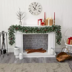 Christmas Greenery Nearly Natural 9 Ft. Battery Operated Pre-lit Frosted Swiss Pine Artificial Garland With 50 Clear LED Lights And Berries -Christmas Lights Sales nearly natural christmas garland w1102 1f 1000