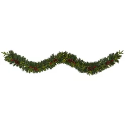 Christmas Greenery Nearly Natural 9 Ft. Battery Operated Pre-lit Mixed Pine Artificial Christmas Garland With 50 Clear LED Lights, Berries And Pinecones