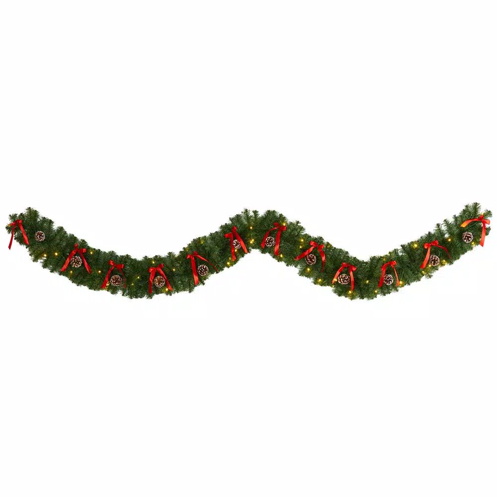 Christmas Greenery Nearly Natural 9 Ft. Battery Operated Pre-lit Bow And Pinecone Artificial Christmas Garland With 35 Clear LED Lights 3 Christmas Greenery Nearly Natural 9 Ft. Battery Operated Pre-lit Bow And Pinecone Artificial Christmas Garland With 35 Clear LED Lights