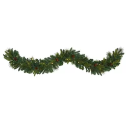 Christmas Greenery Nearly Natural 6 Ft. Battery Operated Pre-lit Mixed Pine And Pinecone Artificial Garland With 35 Clear LED Lights