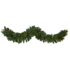 Christmas Greenery Nearly Natural 6 Ft. Battery Operated Pre-lit Mixed Pine Artificial Christmas Garland With 35 Clear LED Lights, Berries And Pinecones