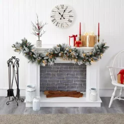 Christmas Greenery Nearly Natural 6 Ft. Battery Operated Pre-lit Flocked Mixed Pine Artificial Christmas Garland With 50 LED Lights, Pine Cones, Berries -Christmas Lights Sales nearly natural christmas garland w1130 31 1000