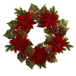 Christmas Greenery Nearly Natural 24in. Unlit Artifical Holiday Wreath With Poinsettia, Berry And Golden Pine Cone