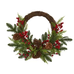 Christmas Greenery Nearly Natural 22in. Mixed Pine And Cedar With Berries And Pine Cones Artificial Wreath