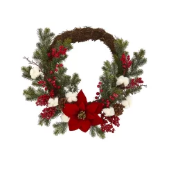 Christmas Greenery Nearly Natural 19in. Poinsettia With Berries And Cotton Artificial Wreath