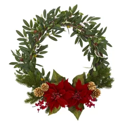Christmas Greenery Nearly Natural 21in. Olive With Poinsettia, Berry And Pine Artificial Wreath