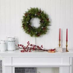 Christmas Greenery Nearly Natural 24 In. Pre-Lit Christmas Artificial Wreath With 50 White Warm Lights 7 Globe Bulbs Berries And Pine Cones -Christmas Lights Sales nearly natural christmas wreaths 4456 1f 1000
