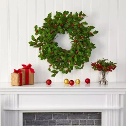 Christmas Greenery Nearly Natural 28 In. Holly Berry Artificial Wreath -Christmas Lights Sales nearly natural christmas wreaths 4476 31 1000