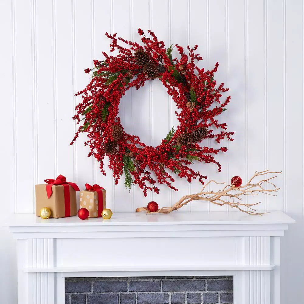 Christmas Greenery Nearly Natural 34 In. Cypress Artificial Wreath With Berries And Pine Cones 5 Christmas Greenery Nearly Natural 34 In. Cypress Artificial Wreath With Berries And Pine Cones - Image 3