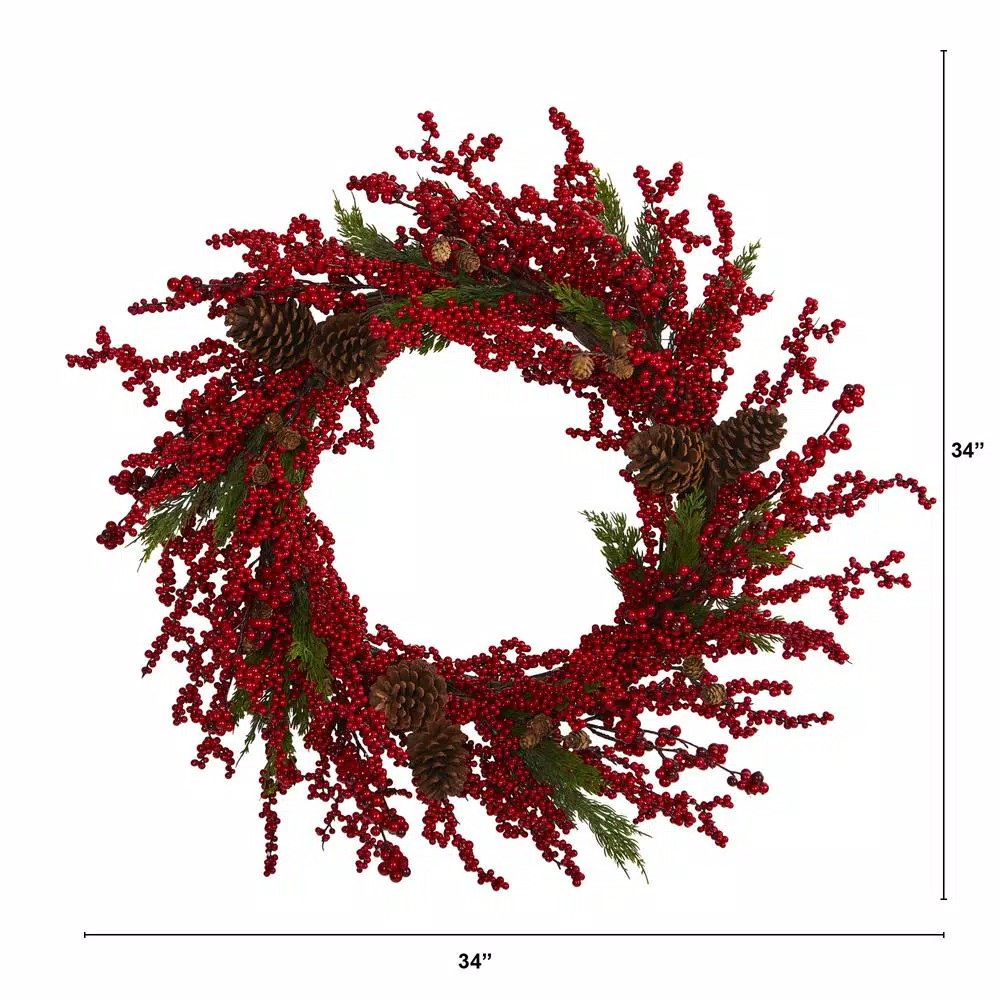 Christmas Greenery Nearly Natural 34 In. Cypress Artificial Wreath With Berries And Pine Cones 4 Christmas Greenery Nearly Natural 34 In. Cypress Artificial Wreath With Berries And Pine Cones - Image 2