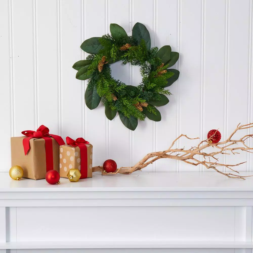 Christmas Greenery Nearly Natural 16 In. Magnolia Leaf And Mixed Pine Artificial Wreath With Pine Cones 5 Christmas Greenery Nearly Natural 16 In. Magnolia Leaf And Mixed Pine Artificial Wreath With Pine Cones - Image 3