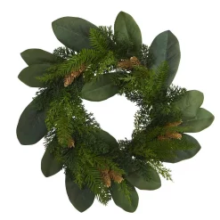 Christmas Greenery Nearly Natural 16 In. Magnolia Leaf And Mixed Pine Artificial Wreath With Pine Cones