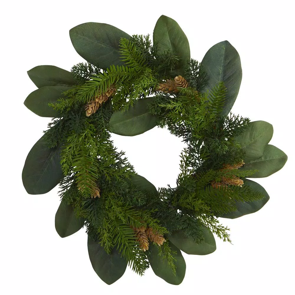 Christmas Greenery Nearly Natural 16 In. Magnolia Leaf And Mixed Pine Artificial Wreath With Pine Cones 3 Christmas Greenery Nearly Natural 16 In. Magnolia Leaf And Mixed Pine Artificial Wreath With Pine Cones