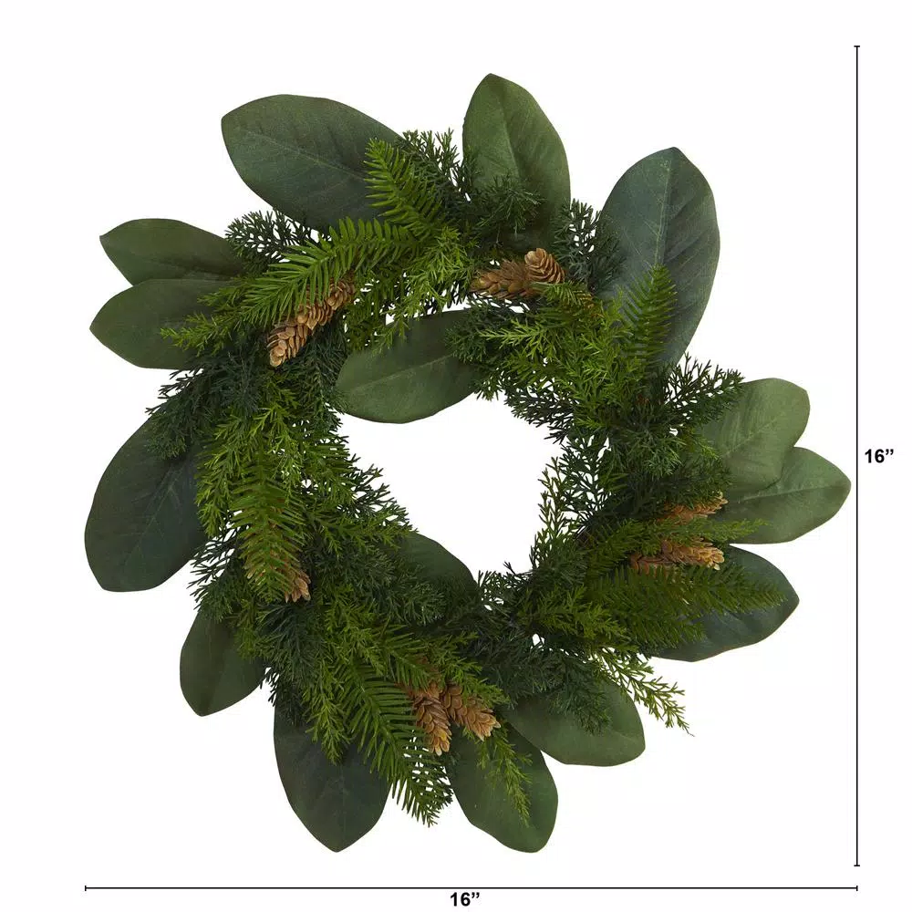 Christmas Greenery Nearly Natural 16 In. Magnolia Leaf And Mixed Pine Artificial Wreath With Pine Cones 4 Christmas Greenery Nearly Natural 16 In. Magnolia Leaf And Mixed Pine Artificial Wreath With Pine Cones - Image 2