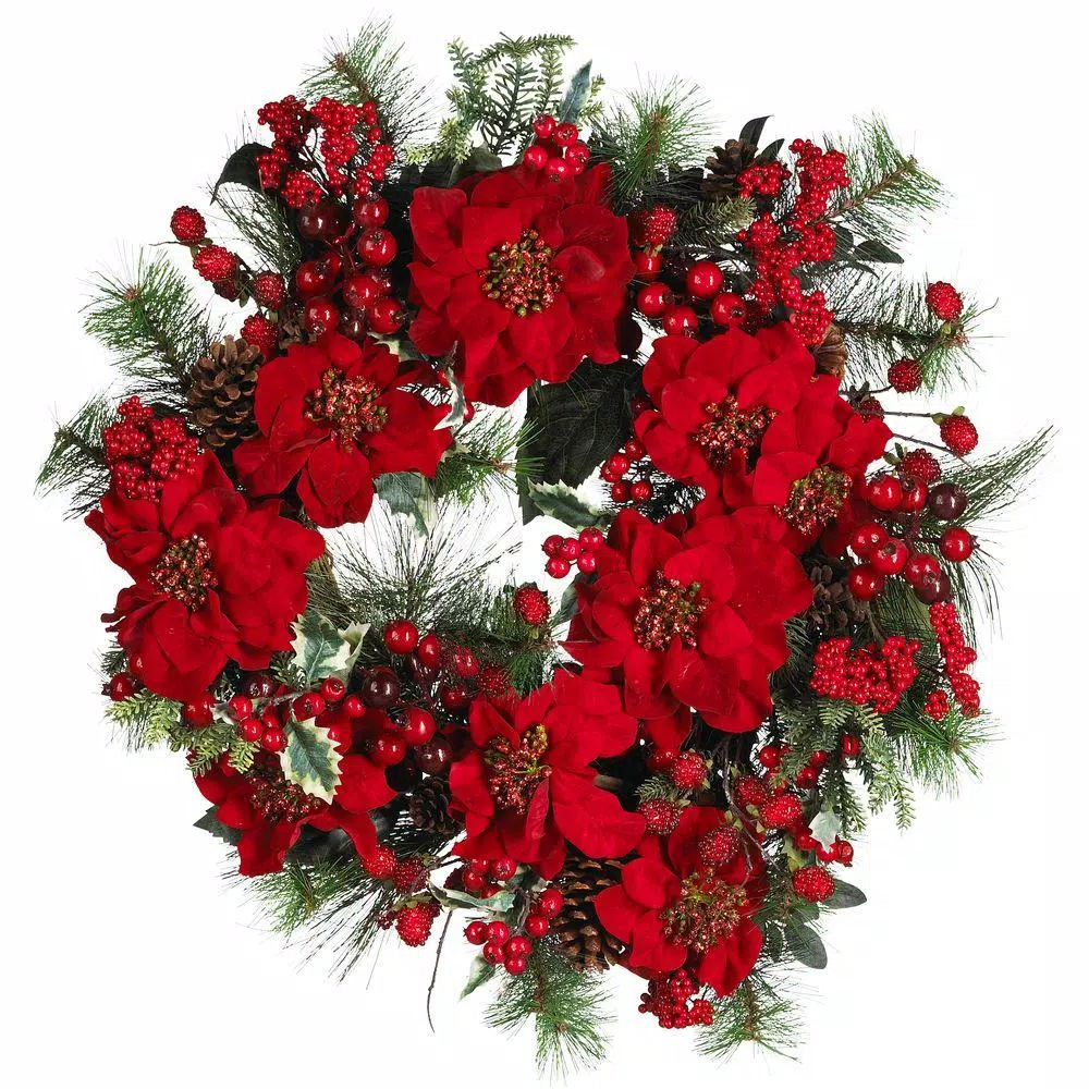 Christmas Greenery Nearly Natural 24in. Poinsettia Wreath 3 Christmas Greenery Nearly Natural 24in. Poinsettia Wreath