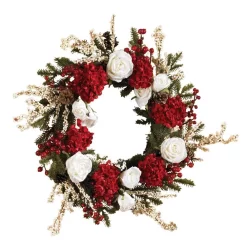 Christmas Greenery Nearly Natural 24in. Hydrangea Wreath With White Roses