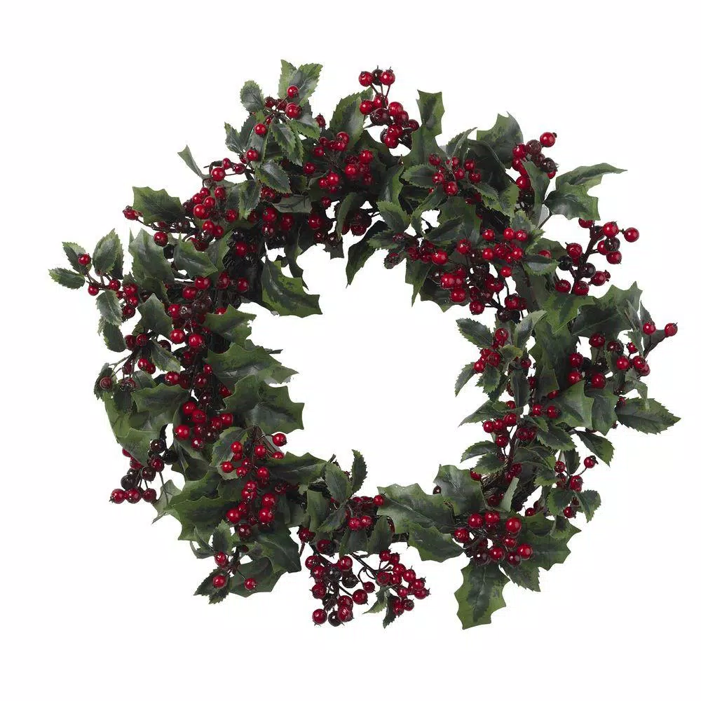 Christmas Greenery Nearly Natural 24in. Artificial Wreath With Holly Berries 3 Christmas Greenery Nearly Natural 24in. Artificial Wreath With Holly Berries