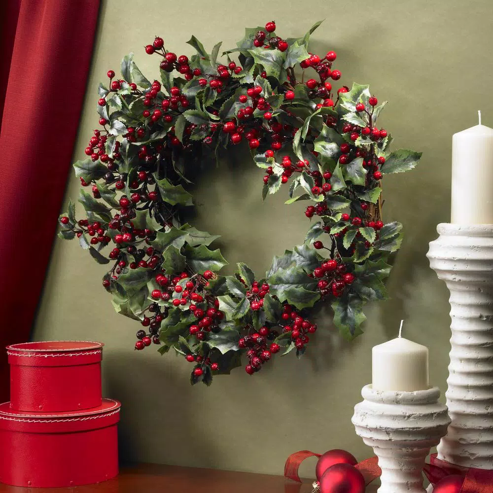 Christmas Greenery Nearly Natural 24in. Artificial Wreath With Holly Berries 4 Christmas Greenery Nearly Natural 24in. Artificial Wreath With Holly Berries - Image 2