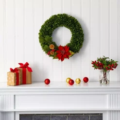Christmas Greenery Nearly Natural 18 In. Tea Leaf Poinsettia And Pine Artificial Wreath -Christmas Lights Sales nearly natural christmas wreaths w1001 31 1000