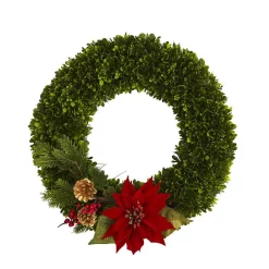 Christmas Greenery Nearly Natural 18 In. Tea Leaf Poinsettia And Pine Artificial Wreath