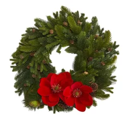 Christmas Greenery Nearly Natural 30 In. Magnolia Pine And Pinecone Artificial Wreath