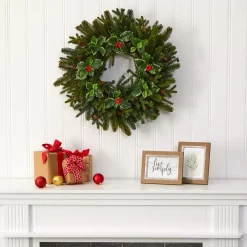 Christmas Greenery Nearly Natural 22 In. Pine Pinecone And Variegated Holly Leaf Artificial Wreath -Christmas Lights Sales nearly natural christmas wreaths w1033 31 1000